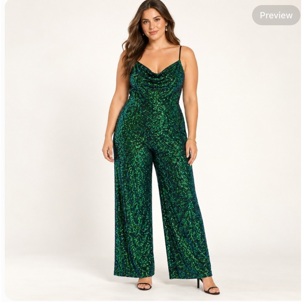 Lulus Emerald Green Sequin Wide Leg Jumpsuit Large Cowl Neck Holiday Party NWT